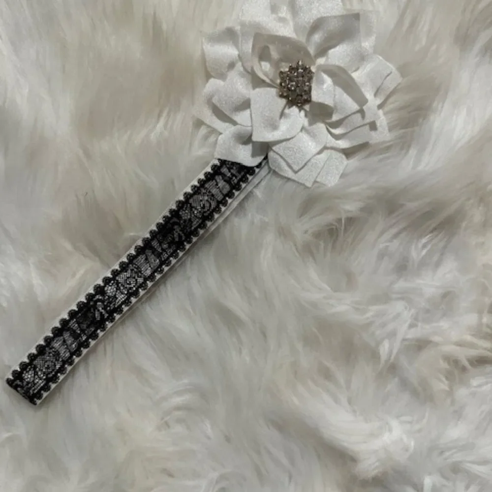 White Starry Flower Shimmer on Black Lace Headband 7510 Handmade Boutique